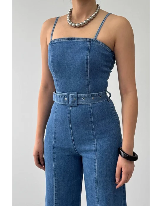 Kadın Mavi Yüksek Bel Geniş Paça Koyu Mavi Jean Tulum