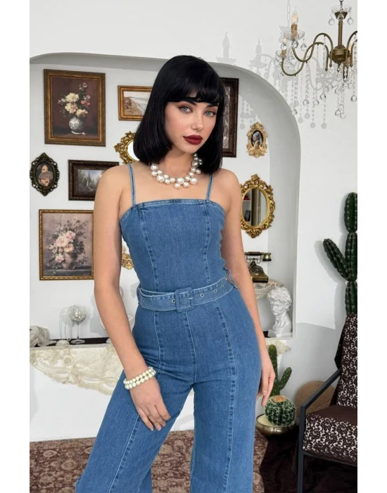 Kadın Mavi Yüksek Bel Geniş Paça Koyu Mavi Jean Tulum