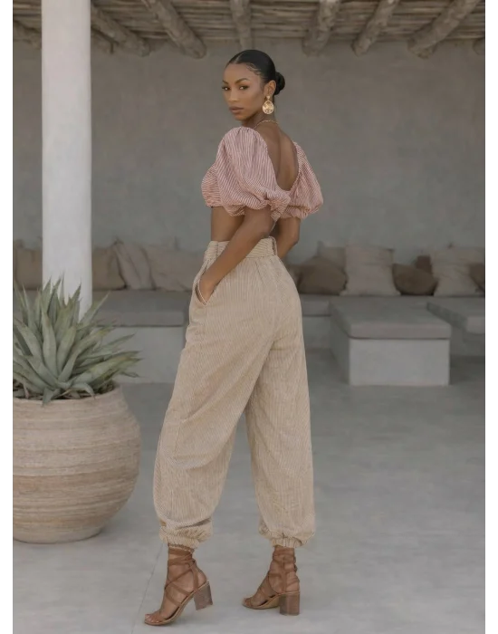 Kadın Çizgili Büzgülü Crop Şalvar İkili Takım