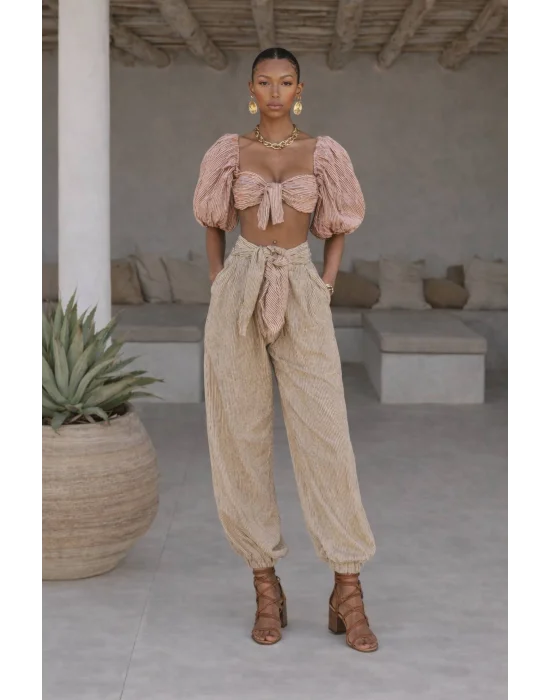 Kadın Çizgili Büzgülü Crop Şalvar İkili Takım