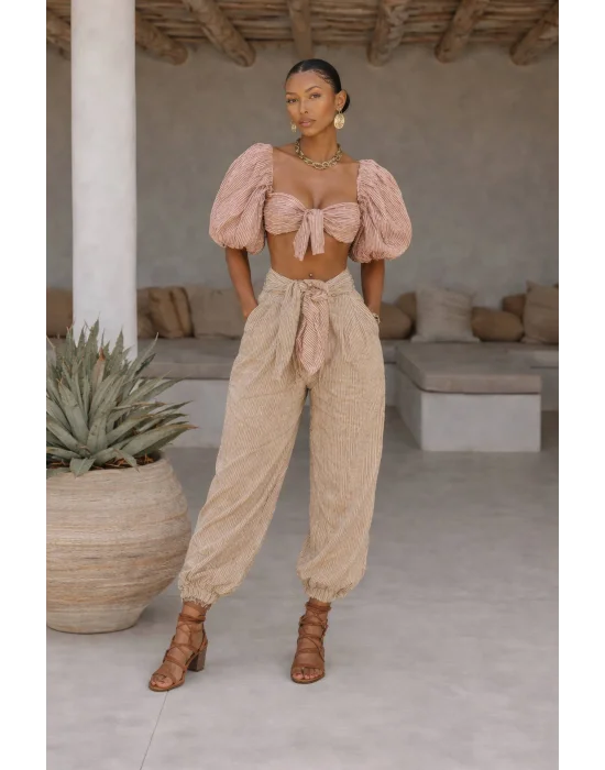 Kadın Çizgili Büzgülü Crop Şalvar İkili Takım
