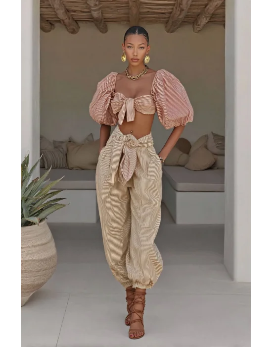 Kadın Çizgili Büzgülü Crop Şalvar İkili Takım