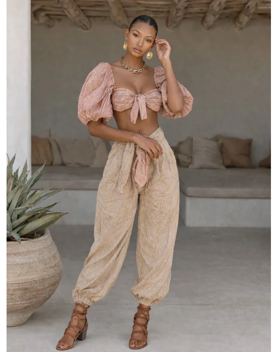 Kadın Çizgili Büzgülü Crop Şalvar İkili Takım