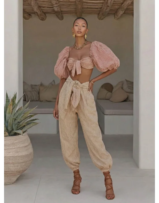 Kadın Çizgili Büzgülü Crop Şalvar İkili Takım