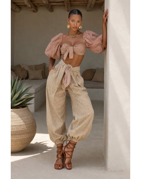 Kadın Çizgili Büzgülü Crop Şalvar İkili Takım