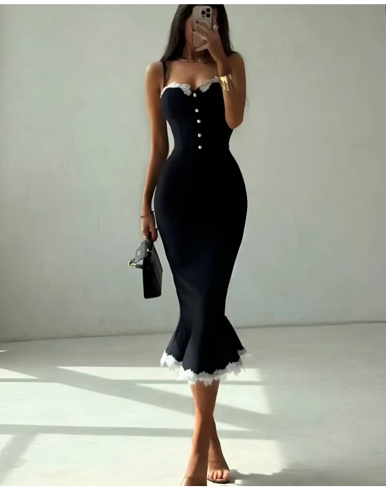 Siyah Dantel Detaylı Korse Görünümlü Balık Model Midi Boy Abiye Elbise