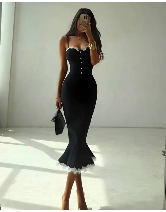 Siyah Dantel Detaylı Korse Görünümlü Balık Model Midi Boy Abiye Elbise