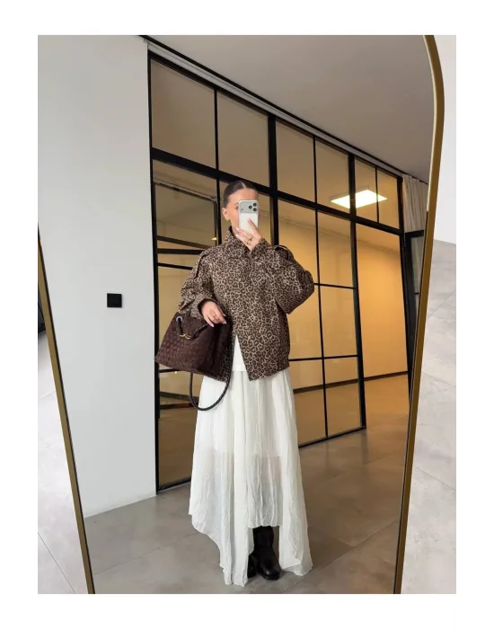 Kadın Leopar Desenli Dik Yaka Astarlı Oversize Bomber Ceket Asimetrik Fermuarlı Ceket