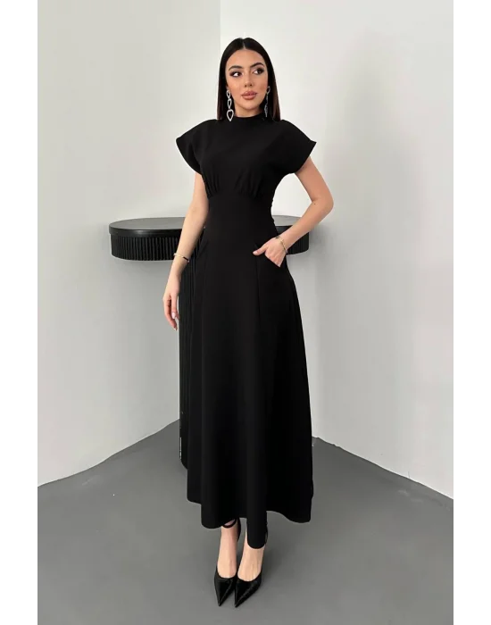 Kadın Göğüs Büzgülü Siyah Uzun Elbise