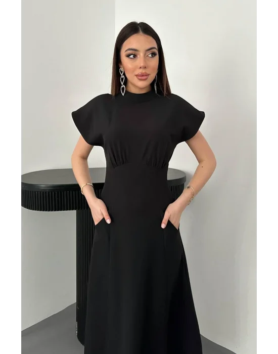 Kadın Göğüs Büzgülü Siyah Uzun Elbise
