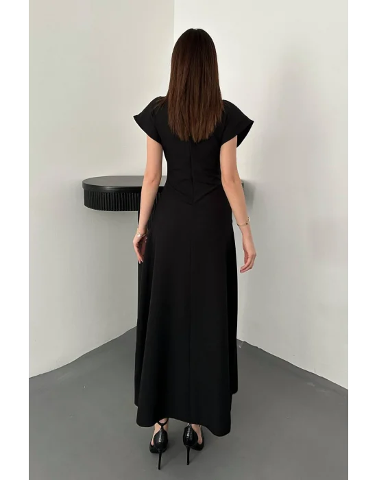Kadın Göğüs Büzgülü Siyah Uzun Elbise