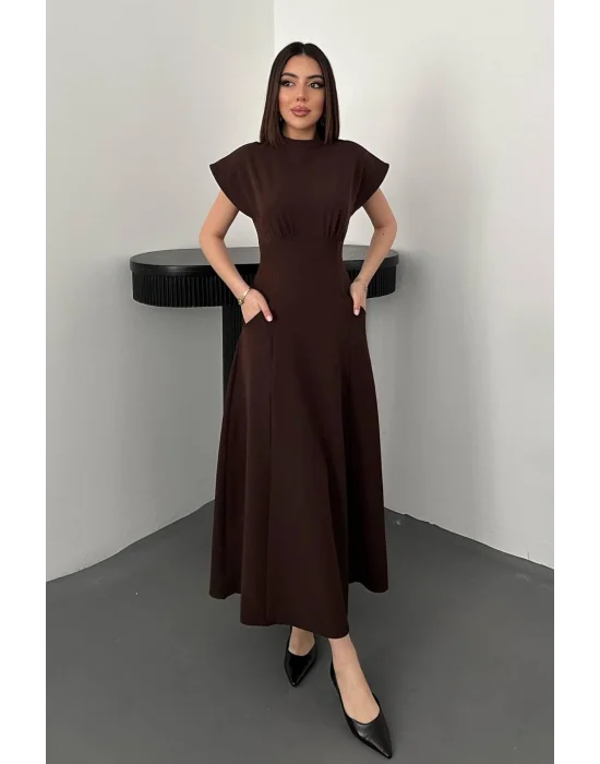 Kadın Göğüs Büzgülü Kahverengi Uzun Elbise