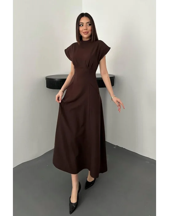 Kadın Göğüs Büzgülü Kahverengi Uzun Elbise