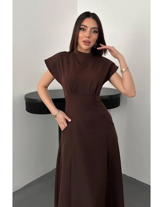 Kadın Göğüs Büzgülü Kahverengi Uzun Elbise