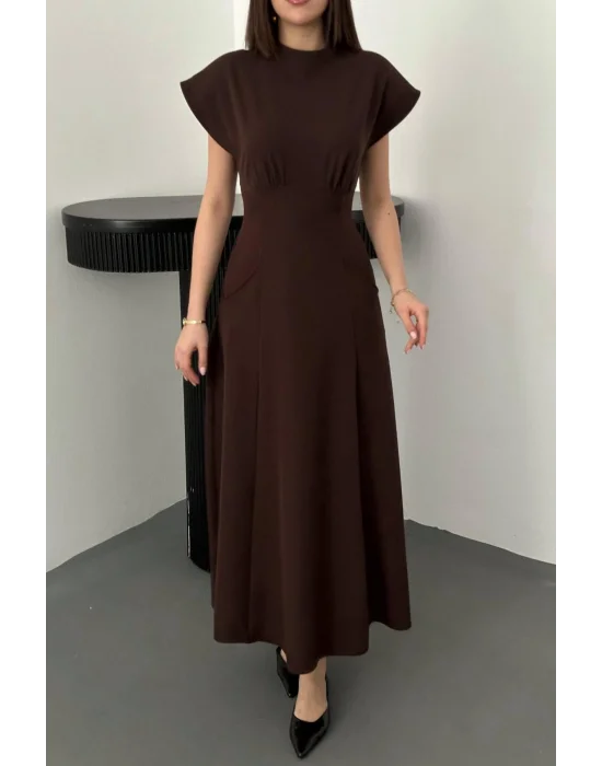 Kadın Göğüs Büzgülü Kahverengi Uzun Elbise