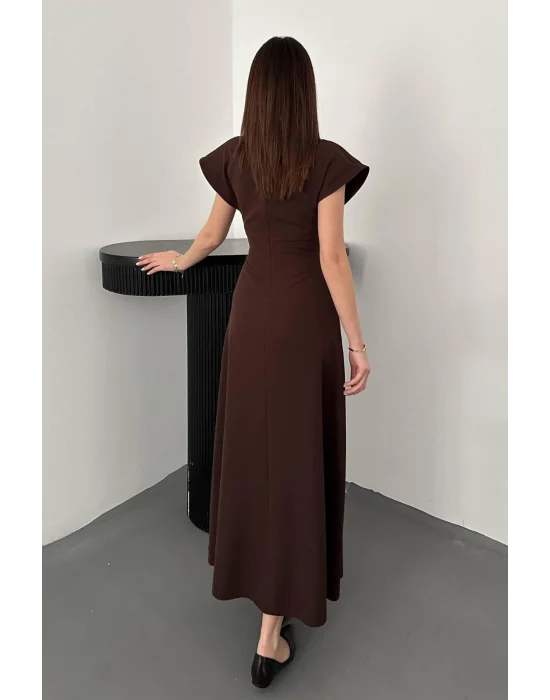 Kadın Göğüs Büzgülü Kahverengi Uzun Elbise