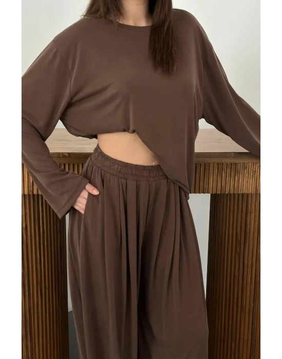 Kadın Şalvarlı Modal Alt Üst Kahverengi Takım