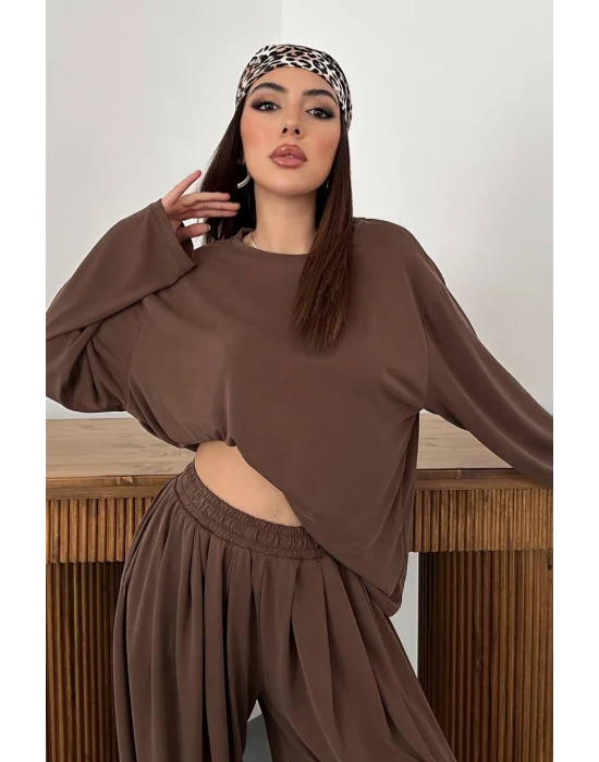Kadın Şalvarlı Modal Alt Üst Kahverengi Takım