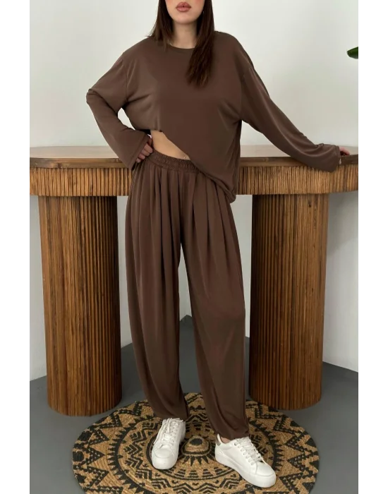Kadın Şalvarlı Modal Alt Üst Kahverengi Takım