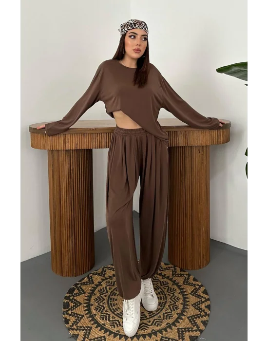 Kadın Şalvarlı Modal Alt Üst Kahverengi Takım