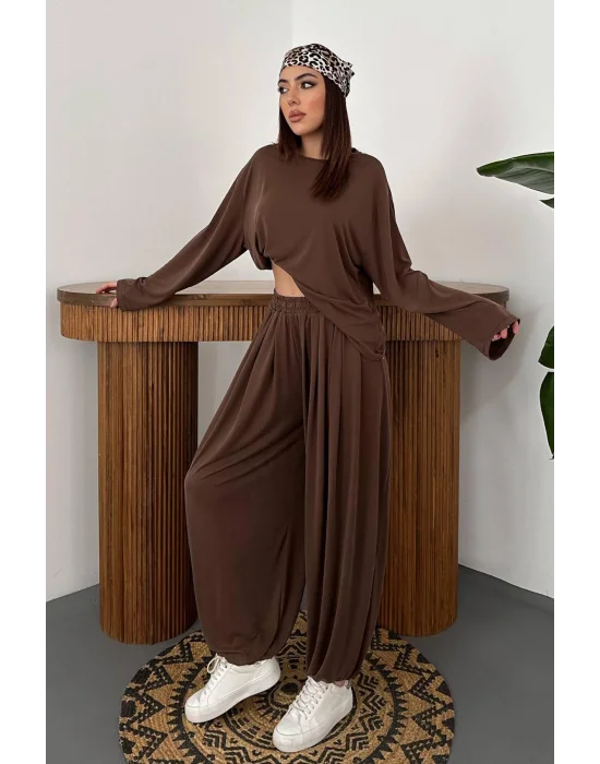 Kadın Şalvarlı Modal Alt Üst Kahverengi Takım