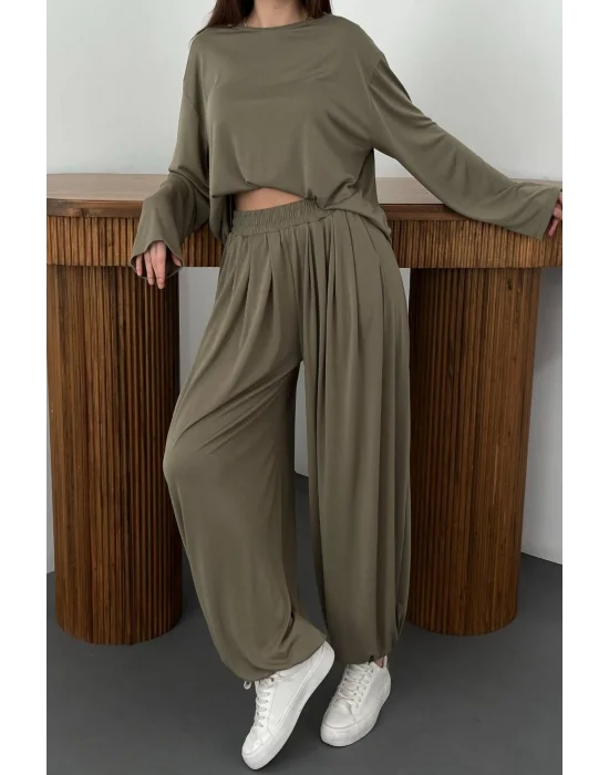 Kadın Şalvarlı Modal Alt Üst Haki Takım