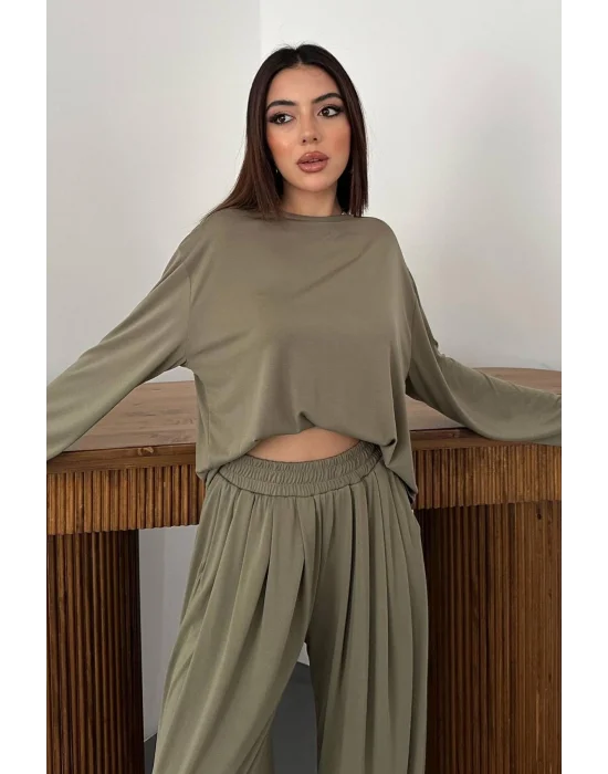 Kadın Şalvarlı Modal Alt Üst Haki Takım