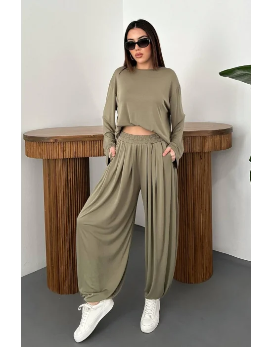 Kadın Şalvarlı Modal Alt Üst Haki Takım