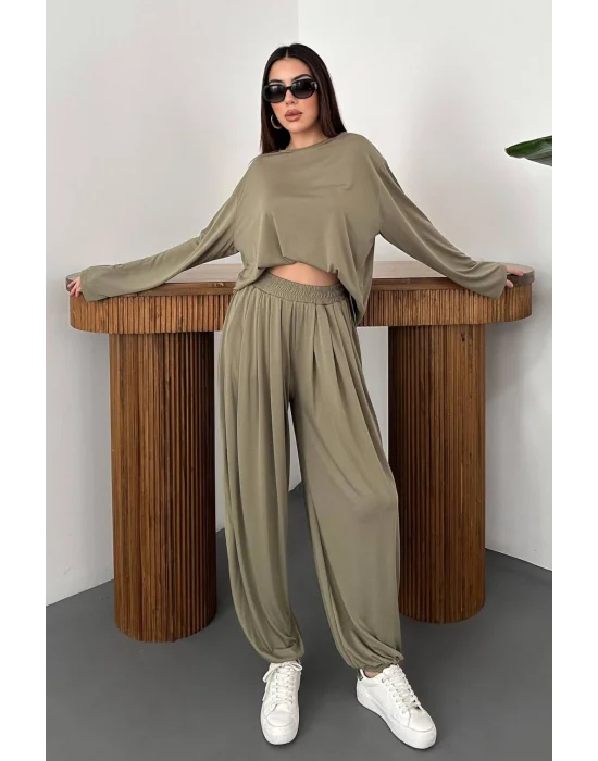 Kadın Şalvarlı Modal Alt Üst Haki Takım