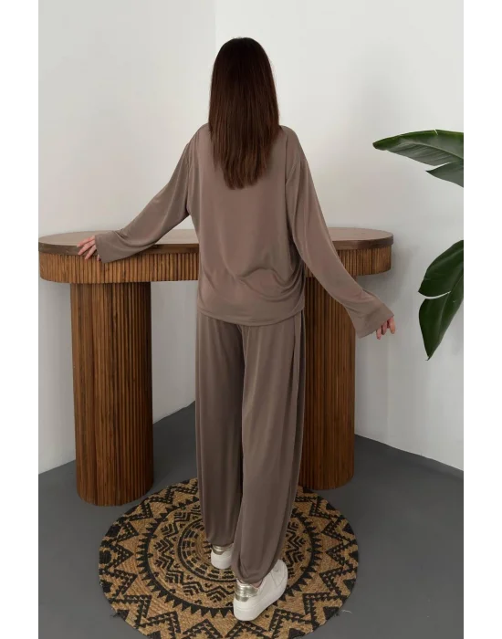 Kadın Şalvarlı Modal Alt Üst Camel Takım