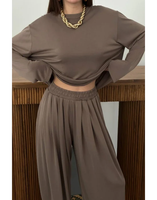 Kadın Şalvarlı Modal Alt Üst Camel Takım