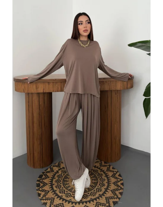 Kadın Şalvarlı Modal Alt Üst Camel Takım