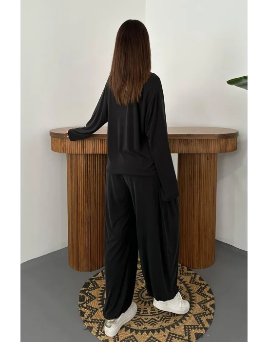 Kadın Şalvarlı Modal Alt Üst Siyah Takım
