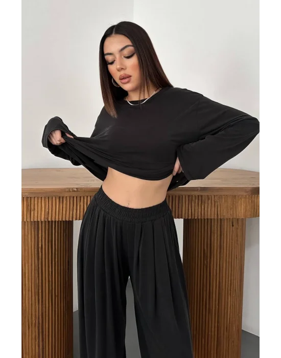Kadın Şalvarlı Modal Alt Üst Siyah Takım