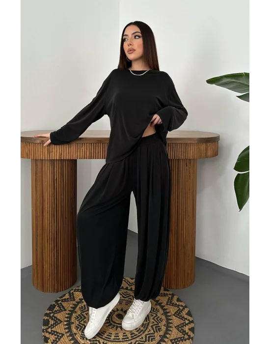 Kadın Şalvarlı Modal Alt Üst Siyah Takım