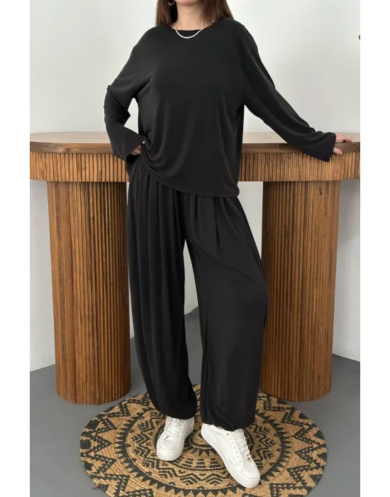 Kadın Şalvarlı Modal Alt Üst Siyah Takım