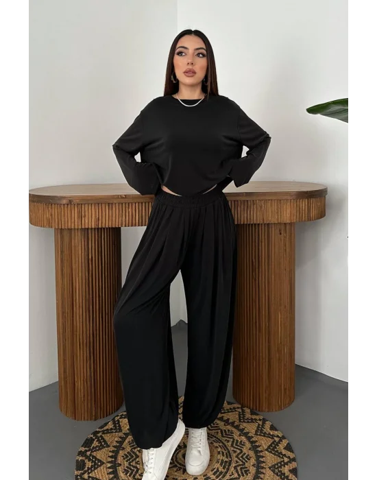 Kadın Şalvarlı Modal Alt Üst Siyah Takım