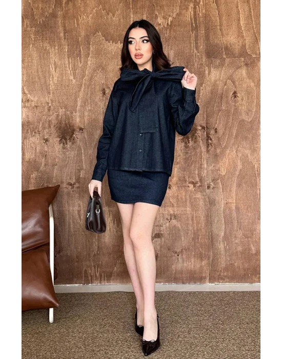 Kadın Fularlı Gömlek Etek İkili Takım