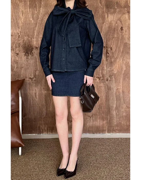 Kadın Fularlı Gömlek Etek İkili Takım