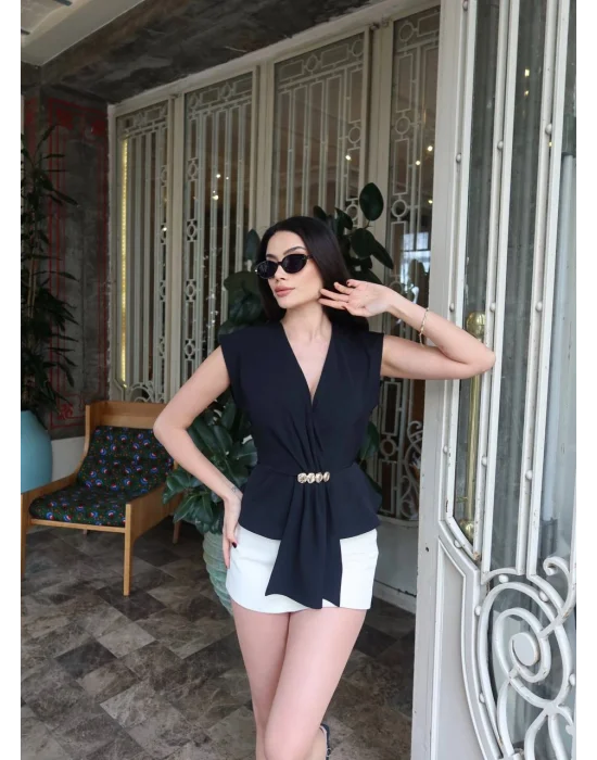 Kadın Linda Kumaş Aksesuarlı Siyah Kruvaze Bluz