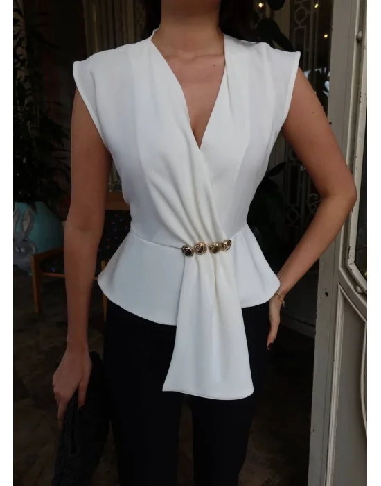 Kadın Linda Kumaş Aksesuarlı Beyaz Kruvaze Bluz
