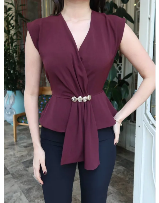 Kadın Linda Kumaş Aksesuarlı Mürdüm Kruvaze Bluz