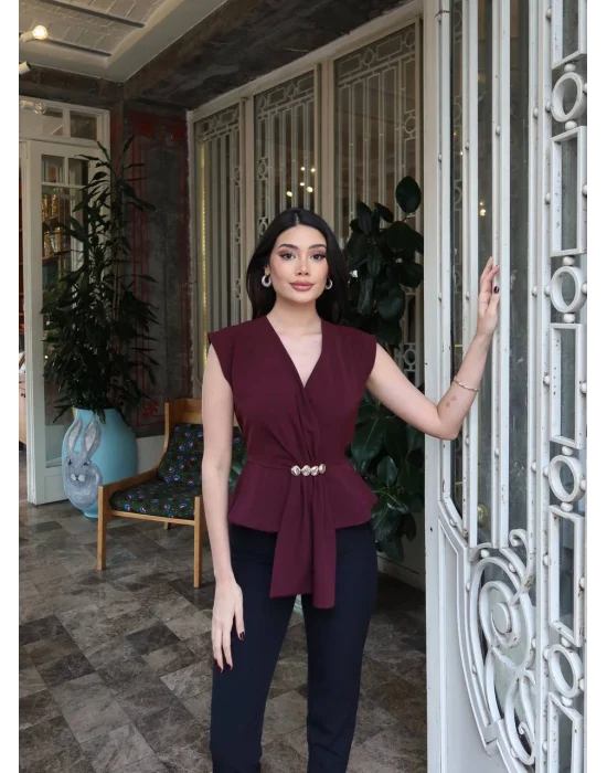 Kadın Linda Kumaş Aksesuarlı Mürdüm Kruvaze Bluz