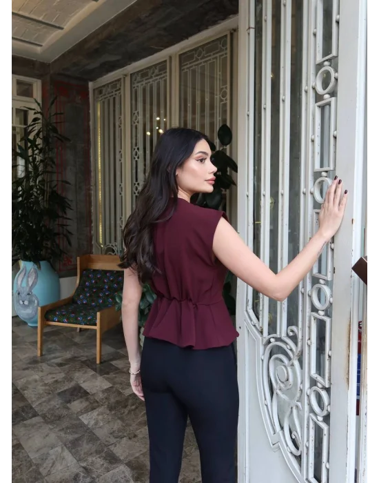 Kadın Linda Kumaş Aksesuarlı Mürdüm Kruvaze Bluz