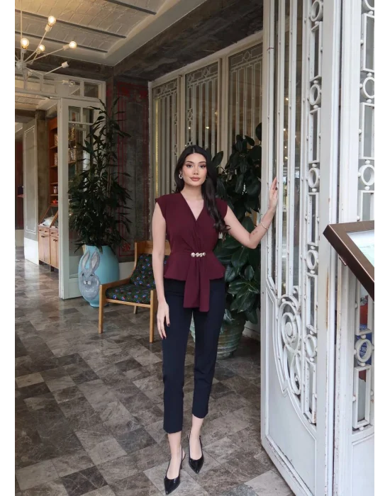 Kadın Linda Kumaş Aksesuarlı Mürdüm Kruvaze Bluz