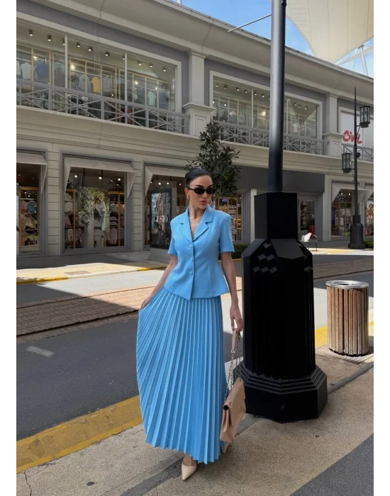 Kadın Bebe Mavi Piliseli Etekli Blazer Takım