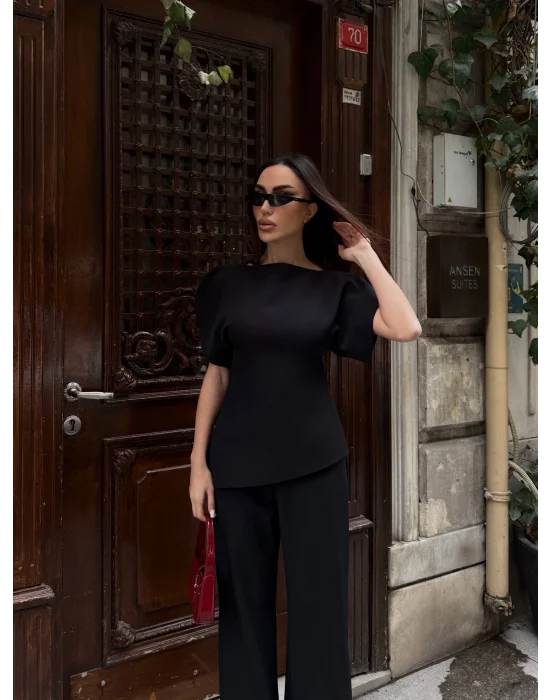 Kadın Balon Kol Palazzo Siyah İkili Takım