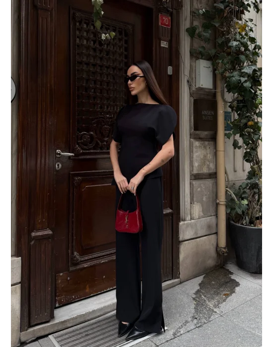 Kadın Balon Kol Palazzo Siyah İkili Takım