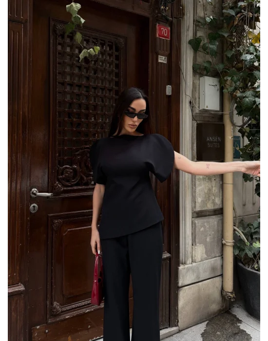 Kadın Balon Kol Palazzo Siyah İkili Takım