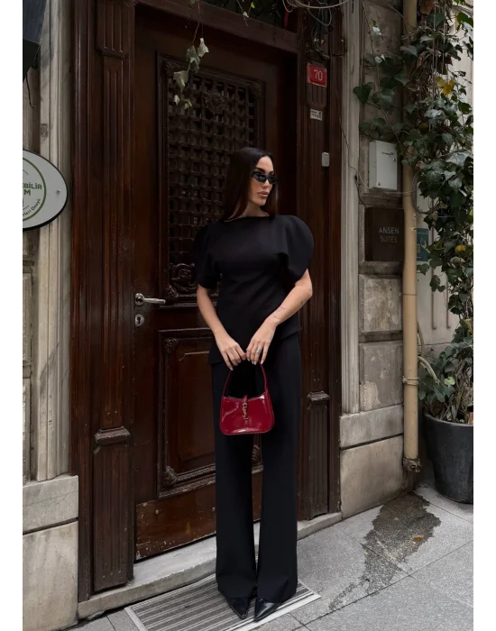 Kadın Balon Kol Palazzo Siyah İkili Takım